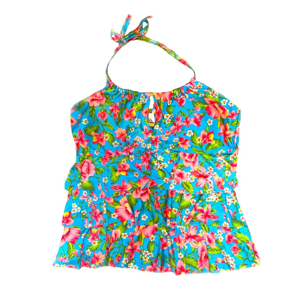 🌺 Blue Floral Summer Ruffled Swimsuit Top Open Back🐬